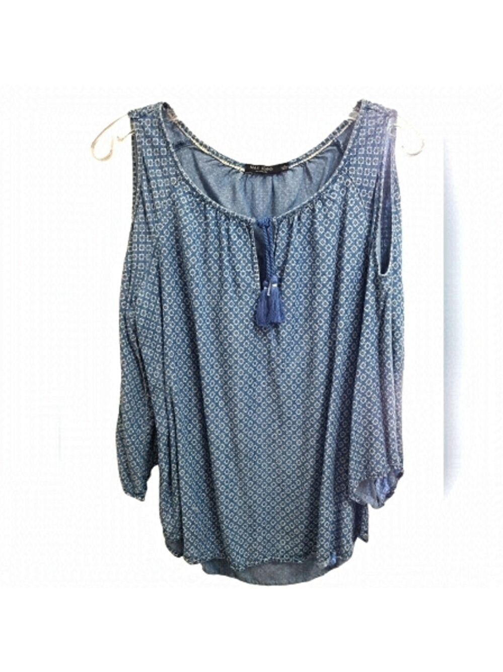 MAX JEANS Open Shoulder Bell Sleeve Blue & White Blouse Size Large